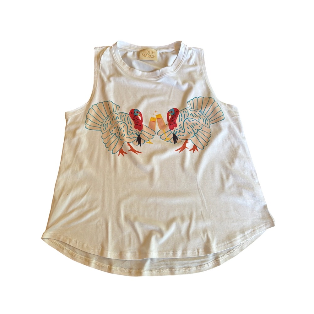 Judith March Tank Top White Turkey Champagne Graphic Thanksgiving Muscle XL